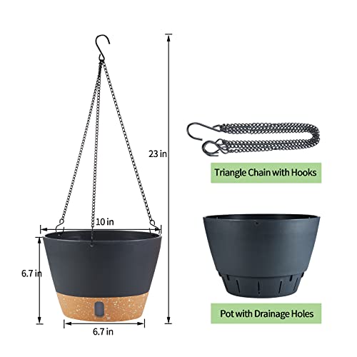 2 Pack Hanging Planters for Indoor Outdoor Plants, 10 Inch Hanging Flower Pot Basket with Drainage Hole with Removable Tray&Hooks Self Watering Plant Pot for Hanging Plants, Dark Grey