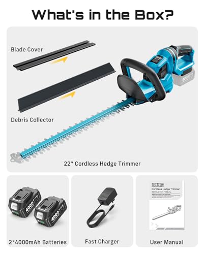 SEESII 22" Hedge Trimmer Cordless, 20V Electric Bush Trimmer, 2 Batteries - color: Sky Blue