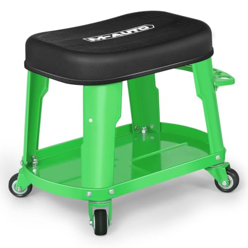 M-AUTO Heavy Duty Garage Rolling Work Seat 300LBS Capacity Mechanics Stool with Wheels, Equipment Tray and Tool Rack, Rectangle Mechanic Roll Chair, Green - color: Green