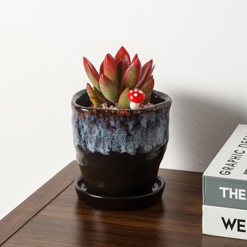 Modern Irregular Ceramic Planter Set of 4, 4 Inch Small Unique Reactive Glaze Flower Pots with Drainage Holes & Saucers - Indoor Outdoor Decorative Succulent Orchid Pots- Reactive Glaze Spot - color: Reactive Glaze Spot, size: 4inch-Set of 4