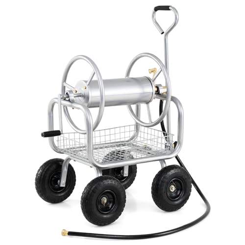 Goplus Garden Hose Reel Cart, 300ft 5/8" or 350ft 1/2", Heavy-Duty Metal Hose Cart w/4 Wheels, Storage Basket, Portable Water Hose Organizer for Yard Planting Lawn - color: Light Silver, size: 300 FT 5/8" Hose