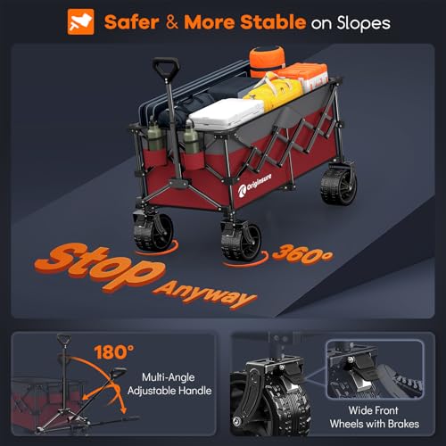 Originsure 220L Foldable Beach Wagon Cart with Big Wheels, 460lbs, Grey&Red - color: Grey&burgundy