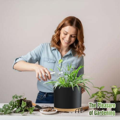 10/9/8 Inch Plant Pots 3 Pack, with Drainage Hole & Saucers - color: Matte Black&brown