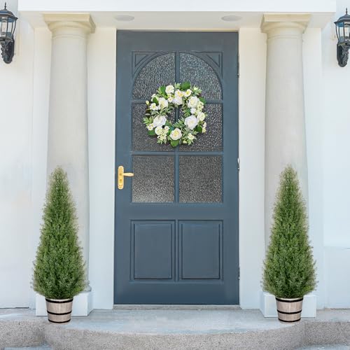VIVATREES 4FT Artificial Cedar Topiary Trees with Rustic Barrel Planter, Outdoor Indoor Realistic Faux Pine Shrubs Plants, Fake Cypress Trees for Home Offices Porch Decor, Set of 2 - size: 4FT