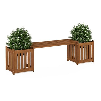 Furinno TIOMAN Planter Box with Bench, Hardwood Flower Box with Seat, Cube Garden Box, in Teak Oil, Outdoor Indoor, Garden, Patio, Balcony, Light Wood - size: 16" x 16" Boxes with 41" Wide Bench