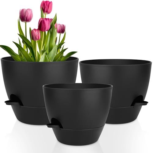 QRRICA 12/10/9 Inch Self Watering Pots for Indoor/Outdoor Plants - color: Pure Black, size: 12/10/9 inch
