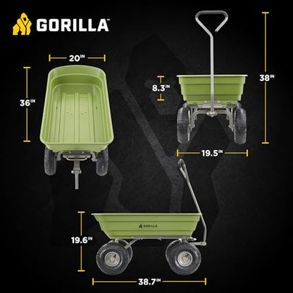 Gorilla Carts 600-Pound Capacity Heavy Duty Poly Yard Garden Steel Quick Dump Utility Wheelbarrow Wagon Cart with Straight Pull Handle, Green, Model GOR4G-COM - size: 4-Cubic Feet, style: Pneumatic-Green