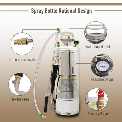 1.5 Gallon Stainless Steel Sprayer, 16 Wand & 3.3FT Reinforced Hose, Heavy Duty Hand Pump Sprayer with Pressure Gauge, Safety Valve and Adjustable Nozzle, for Lawn, Garden Watering (Silver-6L) - size: 1.5 Gallon