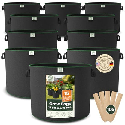 Mabel's Gardening 10-Pack 15 Gallon Grow Bags - Garden Planting Bags 17.7 x 14.2 INCH Made of 8.85 oz/yd² (300g/m²) Felt & Fleece Fabric Plant Pot, Plant Bag, Grow Bag for Pumpkin Potato Tomato - color: 10-pack, size: 15 Gallon