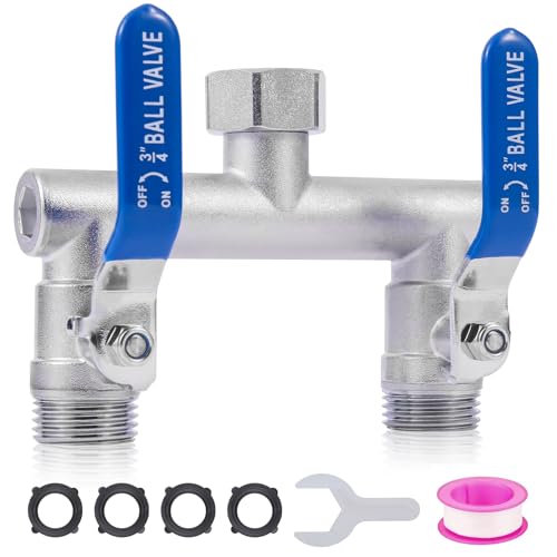 2 Way Garden Hose Splitter, 304 Stainless Steel T Valve, Full Flow with Long Handle, Lead-Free Rust & Freeze Resistant, 3/4" GHT Thread Outdoor Hose Adapter