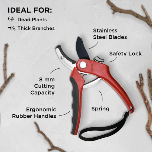Nevlers 8" Red Anvil Pruning Shears for Gardening w/ 8mm Cut Capacity - color: Red, size: Anvil