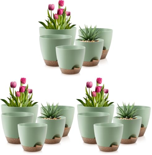 QRRICA Plant Pots 10/9/8/7.5/7 Inch Self Watering Pots, Set of 5 Plastic Planters with Drainage Holes and Saucers,Plastic Flower Pots,Nursery Planting Pot for Indoor Out Door Plants（Green） (Pack of 3) - color: Green, size: 10/9/8/7.5/7 inch (Pack of 3)