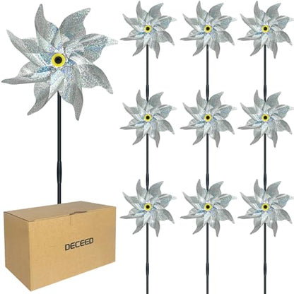 10 PCS Reflective Pinwheels for Yard and Garden Bird Devices Pre-Installed Sparkly Wind Spinner Deterrent to Scare Birds Away from Yard Patio Farm (Silver) - color: Silver