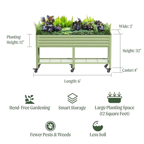 Vego garden Rolling Elevated Raised Garden Bed, 2' x 6' Outdoor Planters Boxes with Legs & Storage Rack for Patio, 1000 Lbs Weight Capacity, Raised Beds for Gardening, Pearl White - color: Pearl White, size: 2' x 6'
