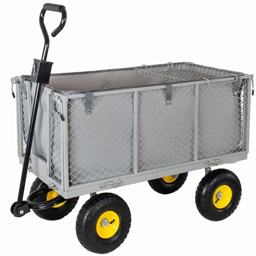 4-in-1 Oversized Steel Dump Garden Cart, 880lbs Pullable Mesh Metal Utility Cart with Removable Liner, Side Panels & Mesh Tray for Outdoor Lawn, Patio, Landscaping, Gray