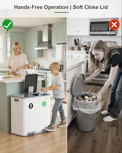 Lovewind 2×11.5 Gallon Dual Trash Can, Stainless Steel Dual Garbage and Recycling Can with Foot Pedal, 90° Stay-Open Lid, Pet-Proof Design – Large Dual Compartment Trash Recycling Bins Kitchen, White - color: White, size: 23 Gallon