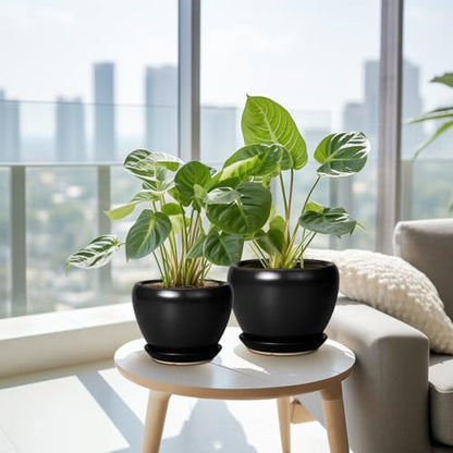 Ceramic Planters Pots - 10 Inch 8 Inch 6 Inch Plant Pots Indoor with Drainage Holes and Saucers Large Planters Mid-Century Flower Pots Outdoor Set of 3 Black - color: Black