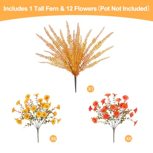 Hrobek Artificial Fall Flowers for Outdoors Planters Faux Plant for Pots - color: 3 Color Mixed (1 Tall Fern,6 Orange, 6 Yellow Morning Glory)