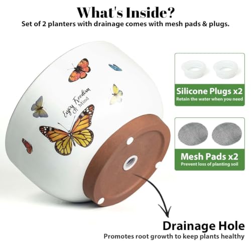 Terracotta Pots, 8+6 Inch Plant Pots, 2 Pcs with Drainage Holes - color: Jardin Butterfly, size: 8+6 Inch
