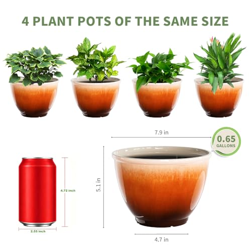 8 Inch Plant Pots, Glazed Plastic Indoor Planters with Drainage, 4 Pack - color: Orange