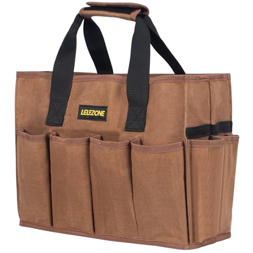 Tool Bag 16 oz. Waxed Canvas Tool Bag Large Capacity Tool Storage Tote comes with a Main Compartment and 12 Exterior Pockets for Wrenches, Scissors, Hammers or a set of Garden Tools and More - Khaki - color: Khaki
