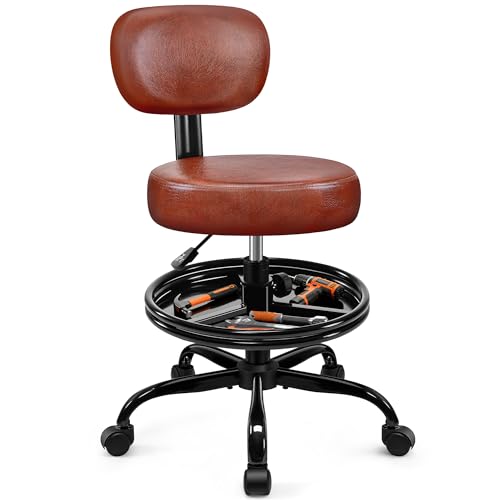 BestGlory Shop Stool with Wheels for Garage, Mechanics Rolling Chair with Backrest, Adjustable Height Heavy Duty Garage Stool with Footrest and Storage Tray, Swivel Task Chair for Workshop Salon - color: Brown