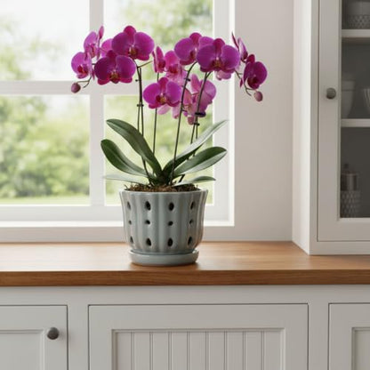 Ceramic Orchid Pot with Attached Saucer and Drainage Hole 6'' Gray - color: Gray