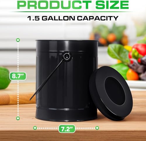 Plexon Black Metal Compost Bin with Airflow Lid and Charcoal Filter, 1.5 Gallon, Compost Pail for Kitchen Countertop