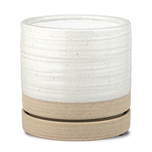 HERDUK 6 Inch Plant Pots, Ceramic Planter Pot with Drainage Hole & Saucer, Indoor/Outdoor Cylinder Round Planter Pot, White & Beige Glaze - color: White & Beige, size: 6 Inch