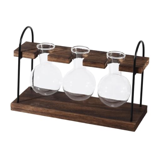 Plant Terrarium with Wooden Stand Retro Glass Bulbs Propagation Station Hydroponic Greenery Vase Rack for Stunning Tabletop Display Indoor Home Office Plant Lovers Gift Decor