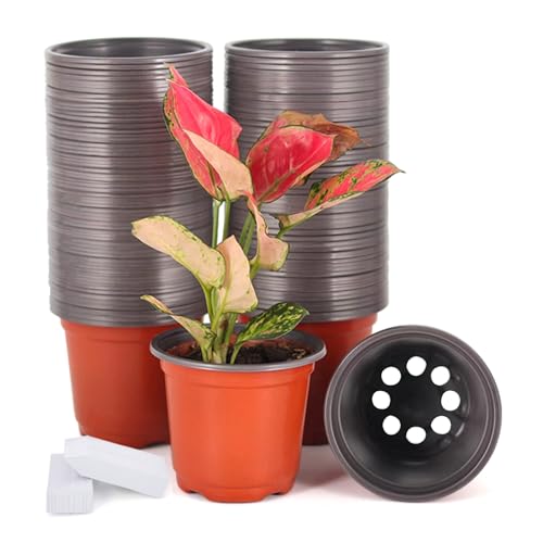 JERIA 100-Pack 4 Inch Plastic Plant Nursery Pots Come with 100 Pcs Plant Labels, Seedling Flower Plant Container and Seed Starting Pots - size: 4 Inch