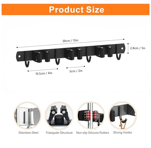 2 Pack Mop and Broom Holder Wall Mount for Kitchen Garden Garage Laundry - color: Black, size: 2 Pack 3 Racks with 4 Hooks