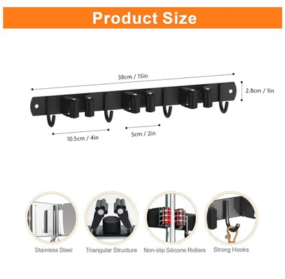 2 Pack Mop and Broom Holder Wall Mount for Kitchen Garden Garage Laundry - color: Black, size: 2 Pack 3 Racks with 4 Hooks