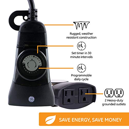 GE 24-Hour Indoor / Outdoor Programmable Mechanical Timer, Dual Outlet Plug-In, 2 Grounded Outlets, Heavy Duty Weather Resistant, 30 Minute Intervals, 15138