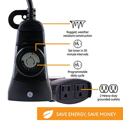 GE 24-Hour Indoor / Outdoor Programmable Mechanical Timer, Dual Outlet Plug-In, 2 Grounded Outlets, Heavy Duty Weather Resistant, 30 Minute Intervals, 15138