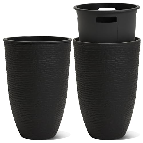 Worth Garden 2-Pack 21" H. Black Tall Planters with Inside Pots - 14'' Dia Plastic Large Round Plant Tree Pots - Decorative Imitation Stone Finish for Indoor Outdoor Front Porch Container Patio - color: Black