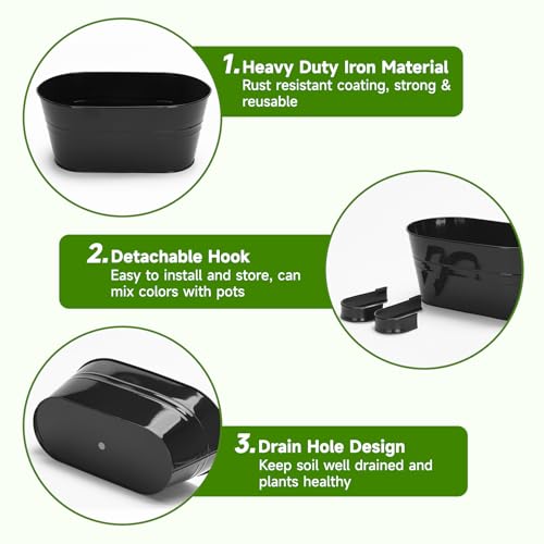 KINGLAKE Flower Pots,10 Pcs Metal Iron Hanging Flower Plant Pot Balcony Garden Plant Planter Baskets Fence Bucket Pots 10.6" & 5.1" Flower Holders with Detachable Hook Black - color: Black, size: 10.8 Inch and 5.1 Inch