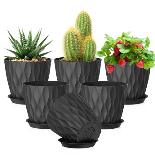 Meowell 5 inch Plant Pots for Indoor Outdoor Plants, 6 Pack Thick Nursery Pots with Drainage Holes and Saucers, 3D Modern Wave Texture Small Plastic Planter Flower Pots for Succulent, Herb, Black - color: Black, size: 5 inch 6 pieces