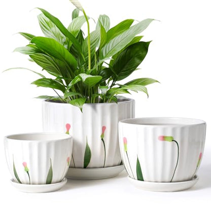 STHIE 4/5/6 Inches White Ceramic Plant Pots with Drainage Holes and Saucer - color: White Floral-big Size