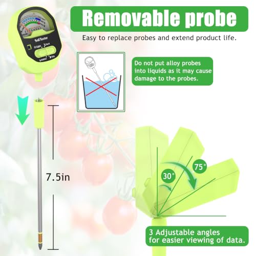 Hersven Soil Moisture Meter, 4-in-1 Soil pH Tester, Soil Moisture, Fertility,Sunlight Intensity with Removable Probe, Large Dial Soil Test Kit for Plants Gardening, Lawn and Indoor Outdoor Plants - size: 11in
