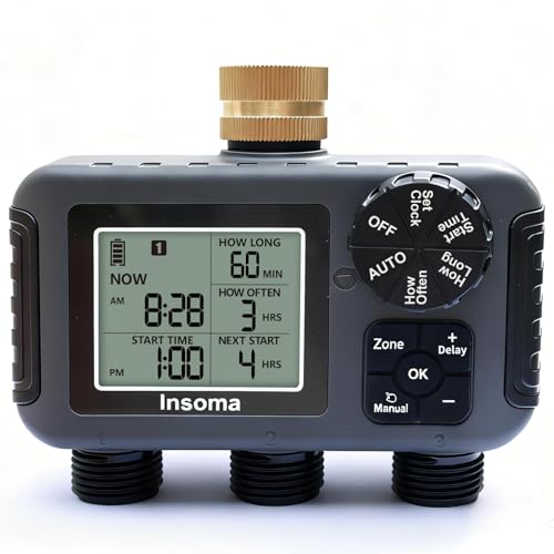 Insoma 3-Zone Sprinkler Timer with Brass Inlet + IPX5 Waterproof | Programmable Auto/Manual Irrigation Mode with Rain Delay & Large LCD | Water Hose Timer 3 Outlets for Garden, Lawn, Yard, Pool - size: 3 Zone-Brass Inlet
