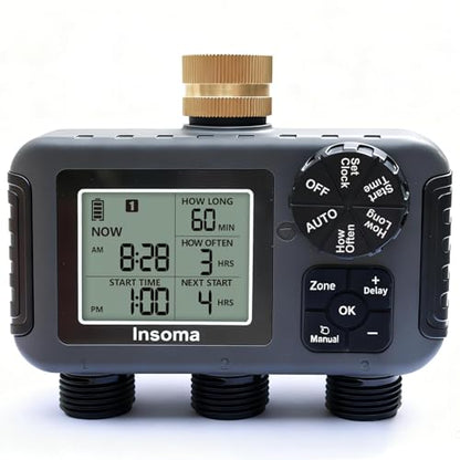Insoma 3-Zone Sprinkler Timer with Brass Inlet + IPX5 Waterproof | Programmable Auto/Manual Irrigation Mode with Rain Delay & Large LCD | Water Hose Timer 3 Outlets for Garden, Lawn, Yard, Pool - size: 3 Zone-Brass Inlet