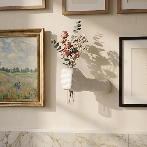 Wall Mounted Hand Vase with Glass Tube, Modern Resin Hand Flower Vase for Dried Flowers & Fresh Blooms, Nordic Minimalist Sculpture for Living Room Bedroom Bathroom Entryway Decor, White