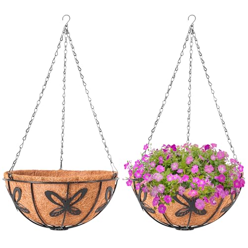 Hanging Baskets Planter for Plants, 2 Pack 12 Inch Round Metal Wire Hanging Flower Pots with Coco Coir Liner Chain, Plant Holder for Home Garden Balcony Decor - size: 12in