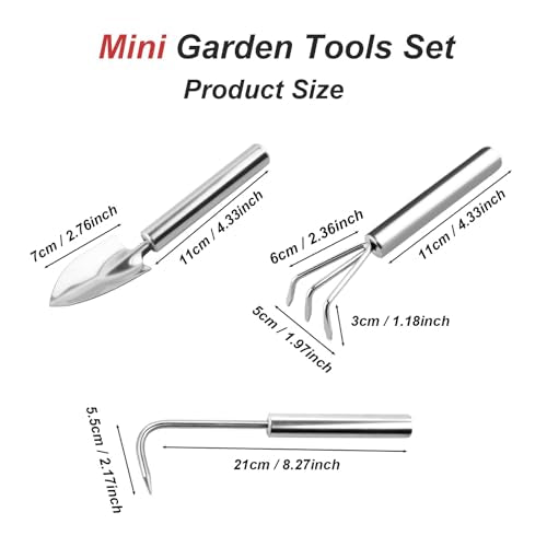 3 Pcs Stainless Steel Mini Garden Tools Set Small Tiny Shovel Trowel Root Extractor Hand Rake Indoor Outdoor Gardening Tools for Pot Plants Succulent Bonsai - style: 3PCS Stainless Steel Silver