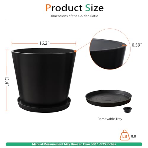 Heyzier Wide Planters for Outdoor Plants, Extra Large Indoor Flower Pots for Garden, Front Porch, Patio - Round Resin Planter Set of 2 (Black, 16" D x 14" H) - size: 16" D x 14" H