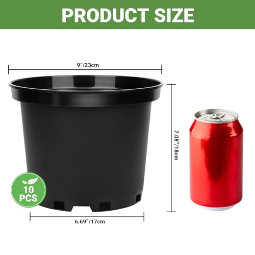 GREANER 2 Gallon Nursery Pots for Plants, 10 PCS Plastic Plant Pot with Drainage Holes for Indoor Outdoor, Garden, Greenhouse(Black) - size: 9 Inch