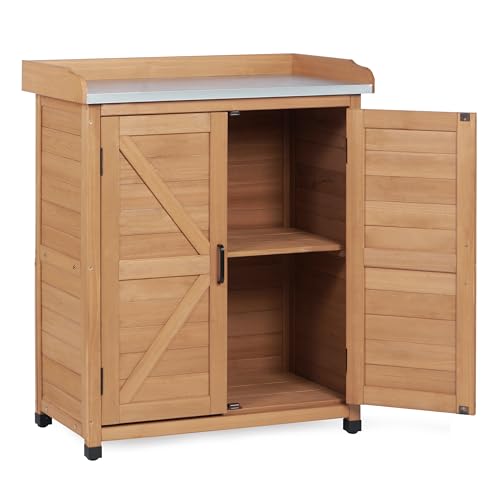 Potting Bench with Storage Cabinet and Metal Table Top for Outdoor Patio, Garden Furniture Wood Workstation (Light Brown, 31.5x17x39) - color: Light Brown, size: 31.5x17x39