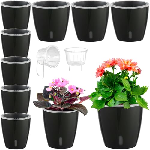 Self-Watering Pots for Indoor Plants, 8-Pack Self Watering Planter with Drainage Holes, Small African Violet Pots with Water Indicator, 5-Pack 5''/3-Pack 6.7'' Orchid Pot, Black - color: Black/8 Pack, size: 5" and 6.7"