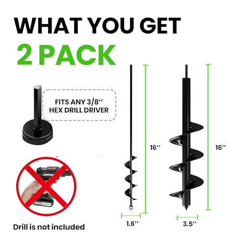 K-Brands Auger Drill Bit for Planting 4 Pack 1.6 x 16 Inch & 3.5 x 16 Inch Set – Garden Spiral Hole and Bulb Planter Tool for Umbrella Holes - Compatible with 3/8 Inch Hex Drive - size: 1.6 x 16 Inch + 3.5 x 16 Inch (Pack of 2)